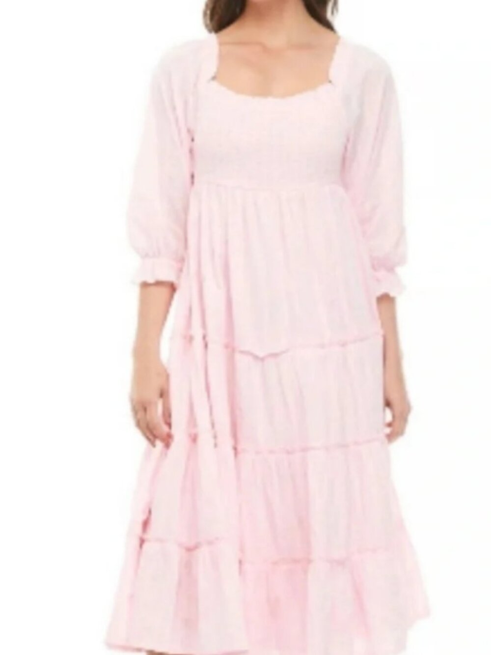 NWT Crown & Ivy Dress Sz M Pink Smocked Bodice Swiss Dots Tiered Cotton Midi
